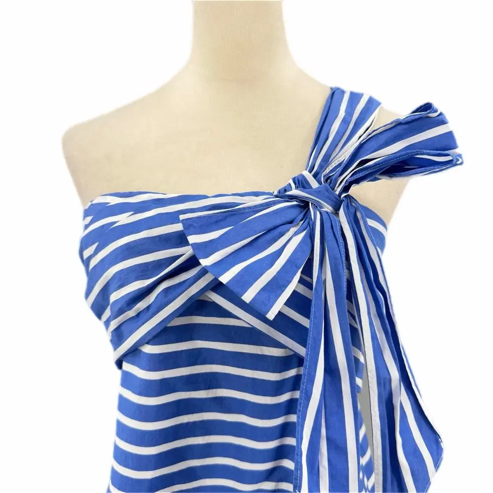 J. Crew Blue Stripe One Shoulder Oversized Bow Asymmetrical Coastal Blouse Top